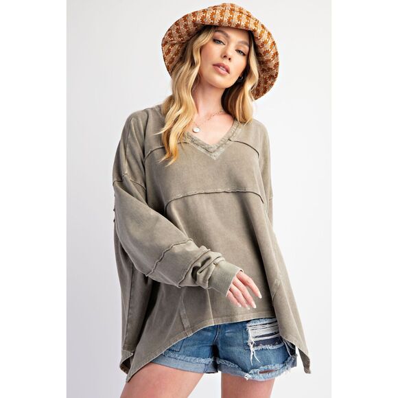 1010 EASEL Medium Mineral Washed Terry Knit V Neck Oversized Top - Picture 4 of 5